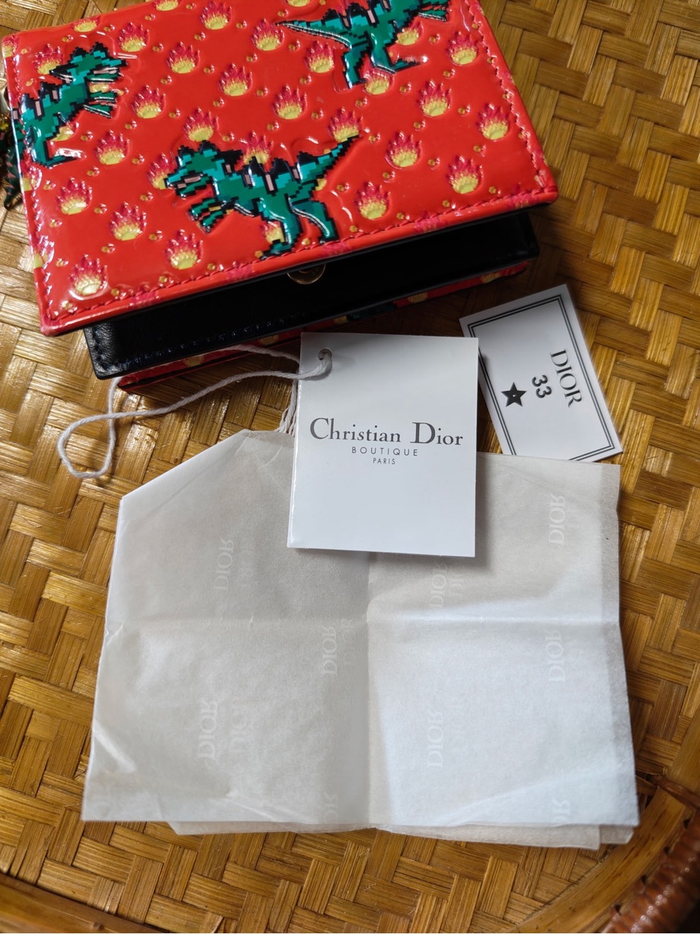 Dior Red Patent Wallet with Green Dinosaur Motif